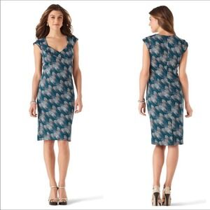 White House Black Market Teal Herringbone Print Stretch Pencil Dress V-Neck Sz 6